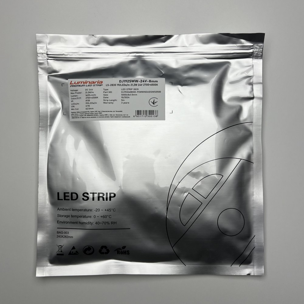 Стрічка світлодіодна LUMINARIA LS-2835 192LEDs/m 21,2W 24V 2700+6500K (DJ192SWW-24V-8mm) PREMIUM LED STRIP - Зображення 4