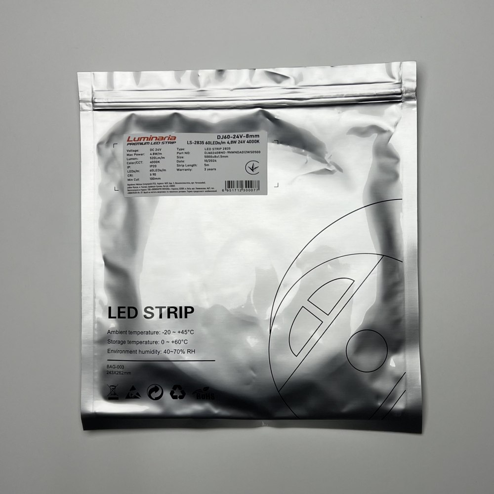 Стрічка світлодіодна LUMINARIA LS-2835 60LEDs/m 4,8W 24V 4000K (DJ60-24V-8mm) PREMIUM LED STRIP - Зображення 4