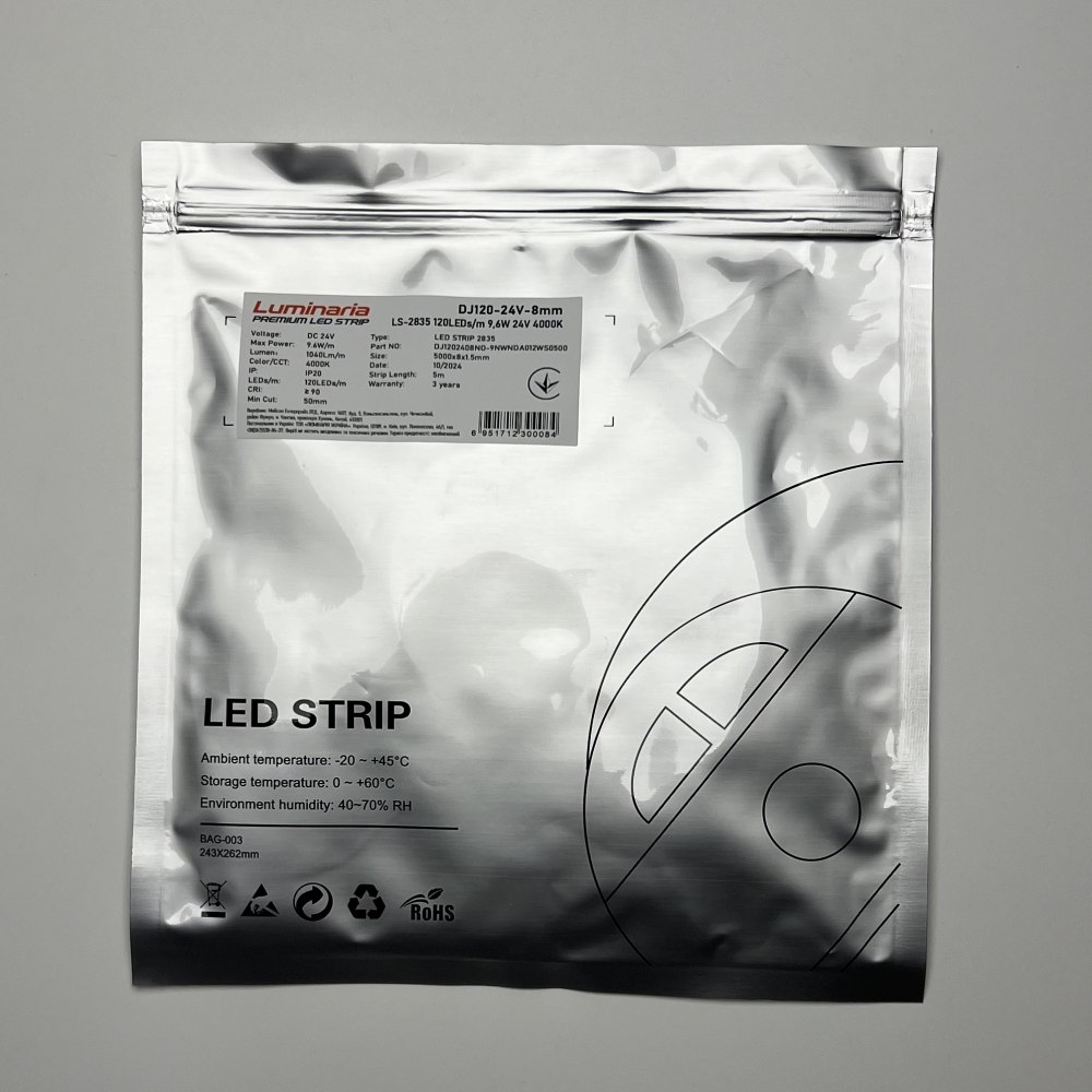Стрічка світлодіодна LUMINARIA LS-2835 120LEDs/m 9,6W 24V 4000K (DJ120-24V-8mm) PREMIUM LED STRIP - Зображення 4