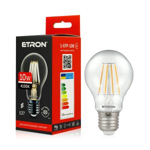 Світлодіодна лампа філаментна ETRON 10W A60 E27 4200K нейтральне світло, прозора 1-EFP-108