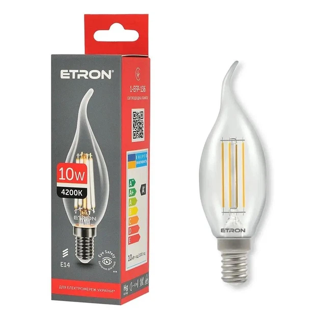 Світлодіодна філаментна лампа ETRON 1-EFP-136 Filament C37 10W E14 4200K прозора